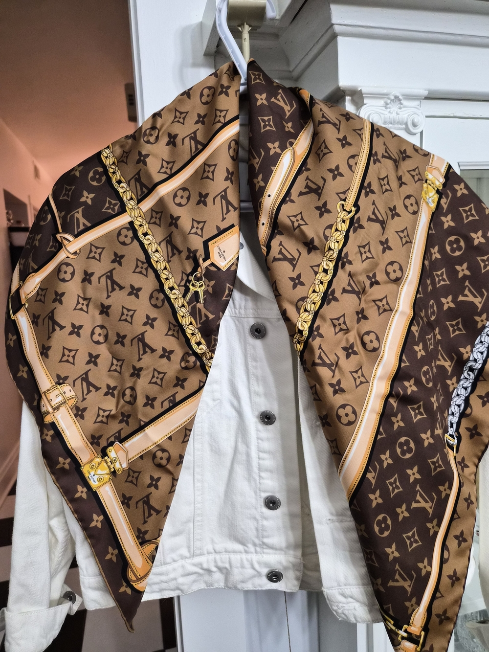 Louis Vuitton Brown & Tan Monogram Silk Scarf with Gold Accents - Picture 5 of 7